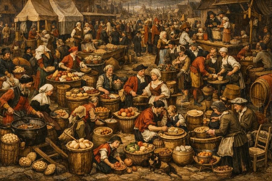 Pintura clássica de um mercado, representando decisões econômicas