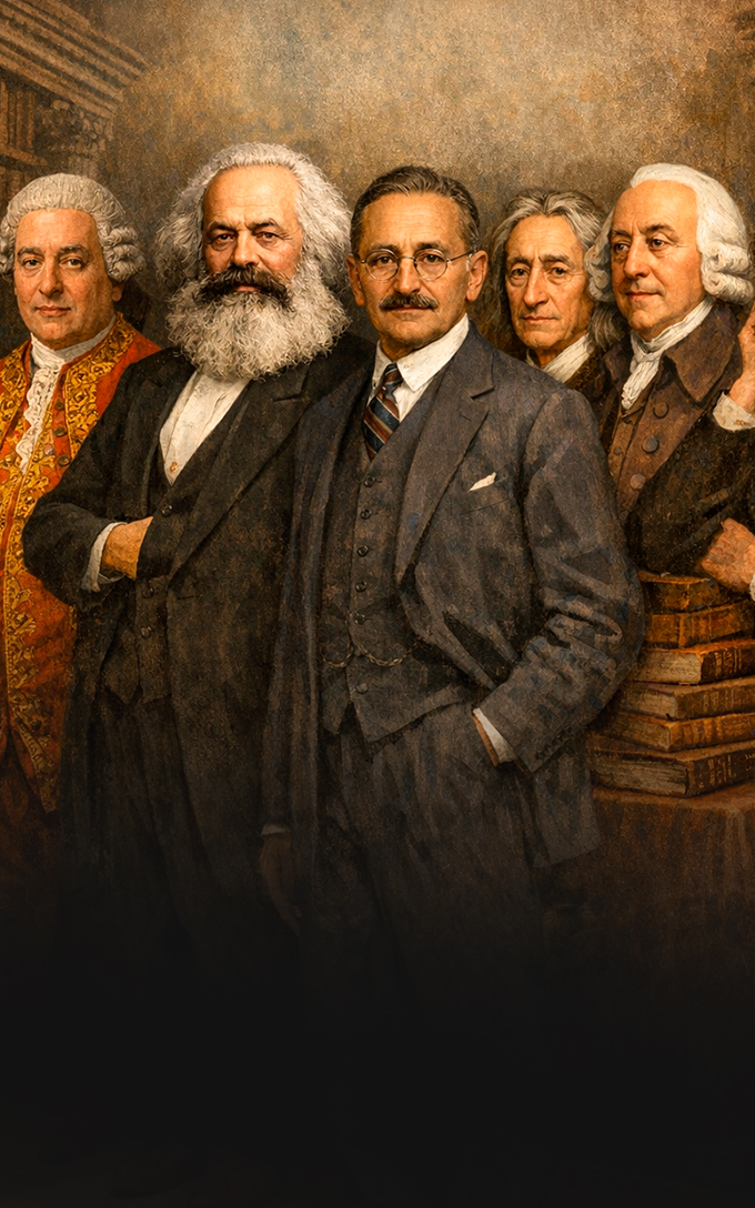 Capa do módulo Grandes Obras, com livros clássicos de economia