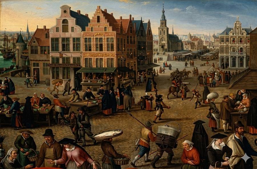 Pintura clássica de uma cidade, com pessoas passando na rua
