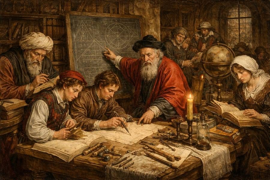 Pintura clássica de uma aula de matemática e geometria
