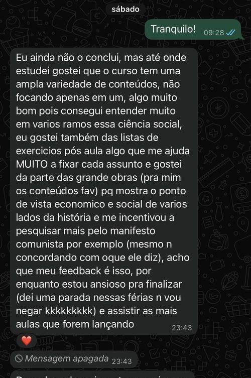 Print de conversa de WhatsApp com feedback de aluno sobre o curso
