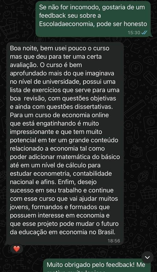Print de conversa de WhatsApp com feedback de aluno sobre o curso